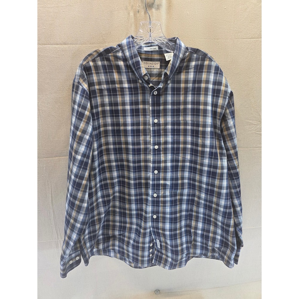 Covington Mens Blue Tan Plaid Wrinkle Free Button Down Shirt Large L Long Sleeve